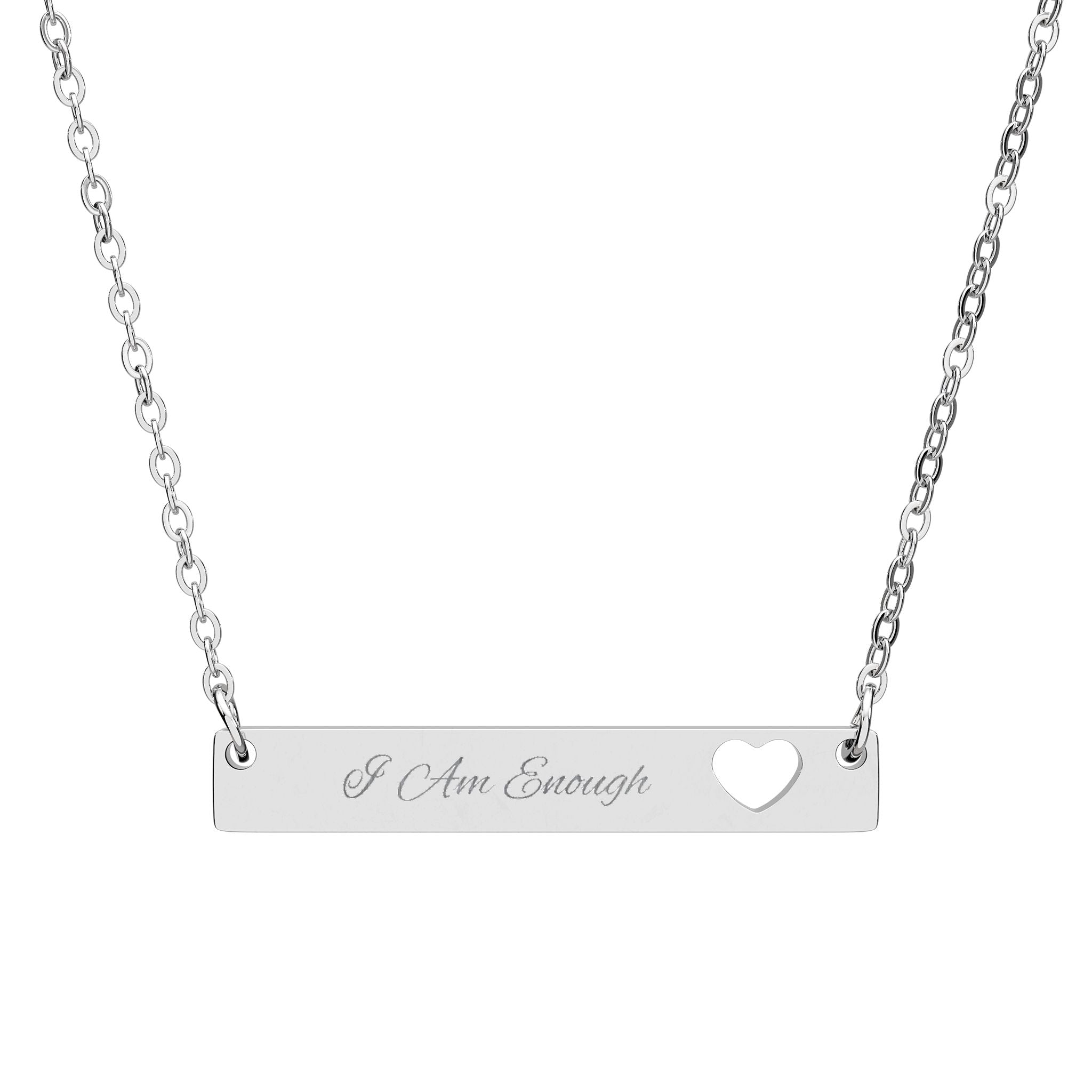 Engraved Bar Necklace with Cutout Heart — "I Am Enough"