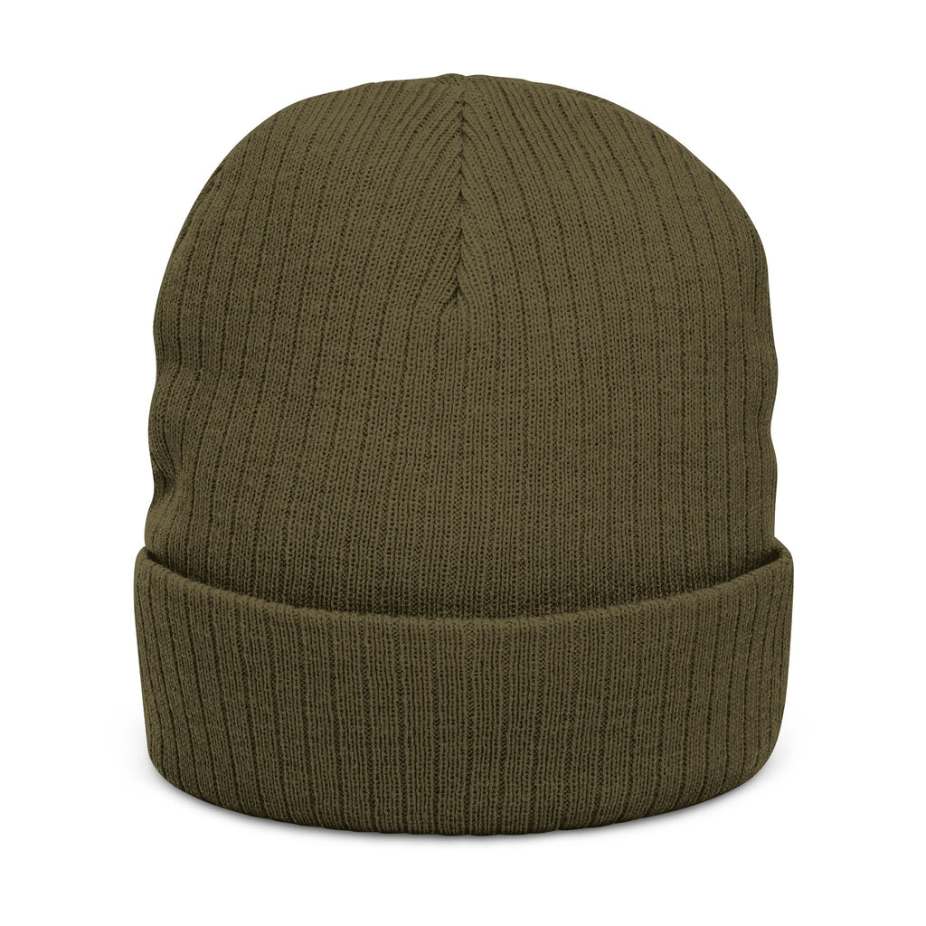 Ribbed Knit Beanie — Olive Embroidered Cuff Hat