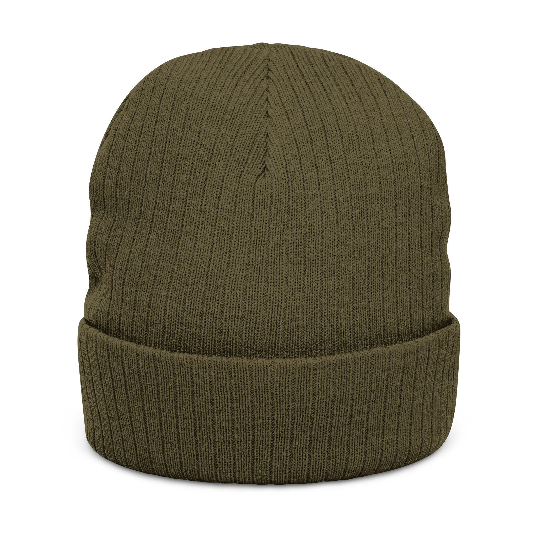 Ribbed Knit Beanie — Olive Embroidered Cuff Hat