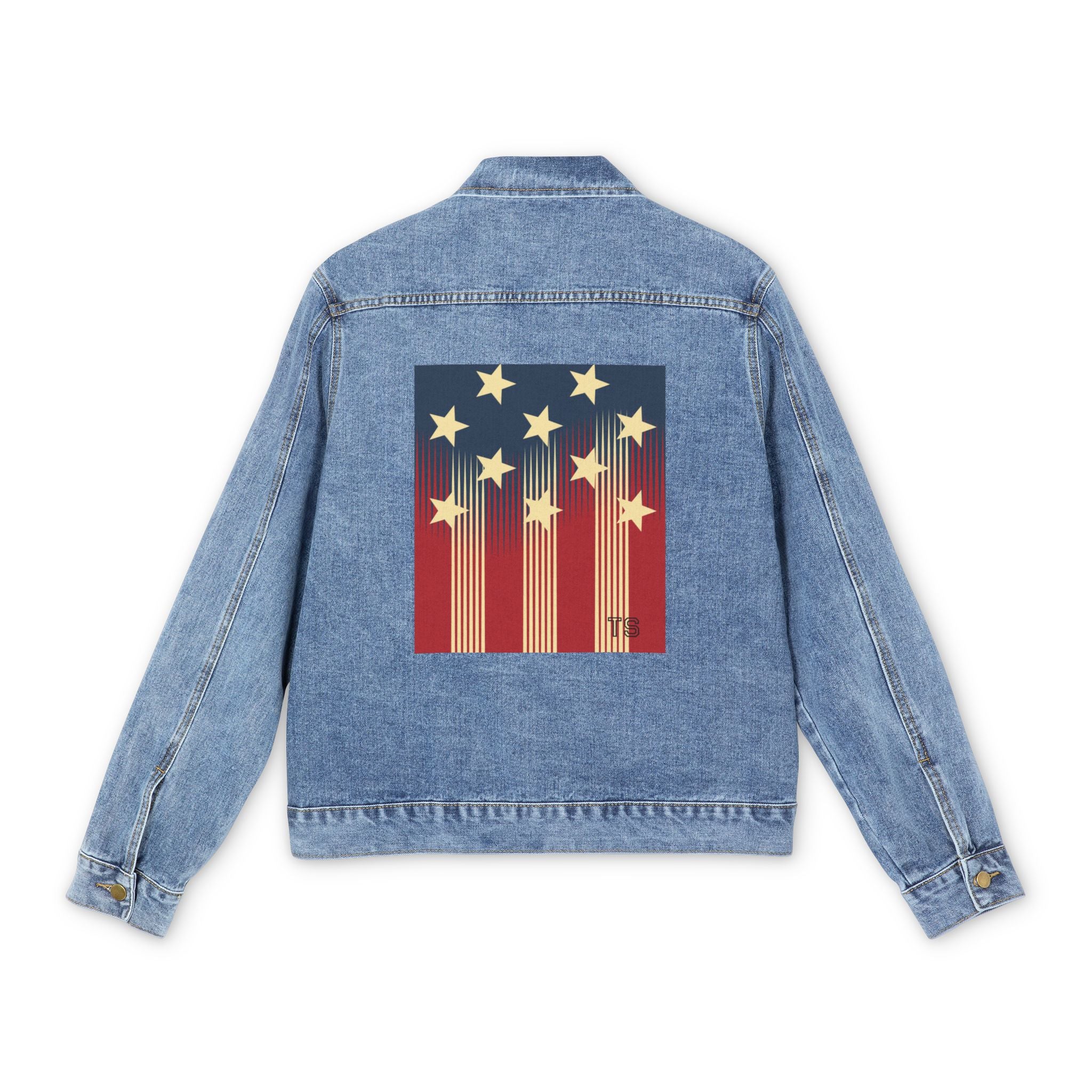 Denim Jacket — Retro American Flag Starburst Back Patch, Patriotic 4th of July Style