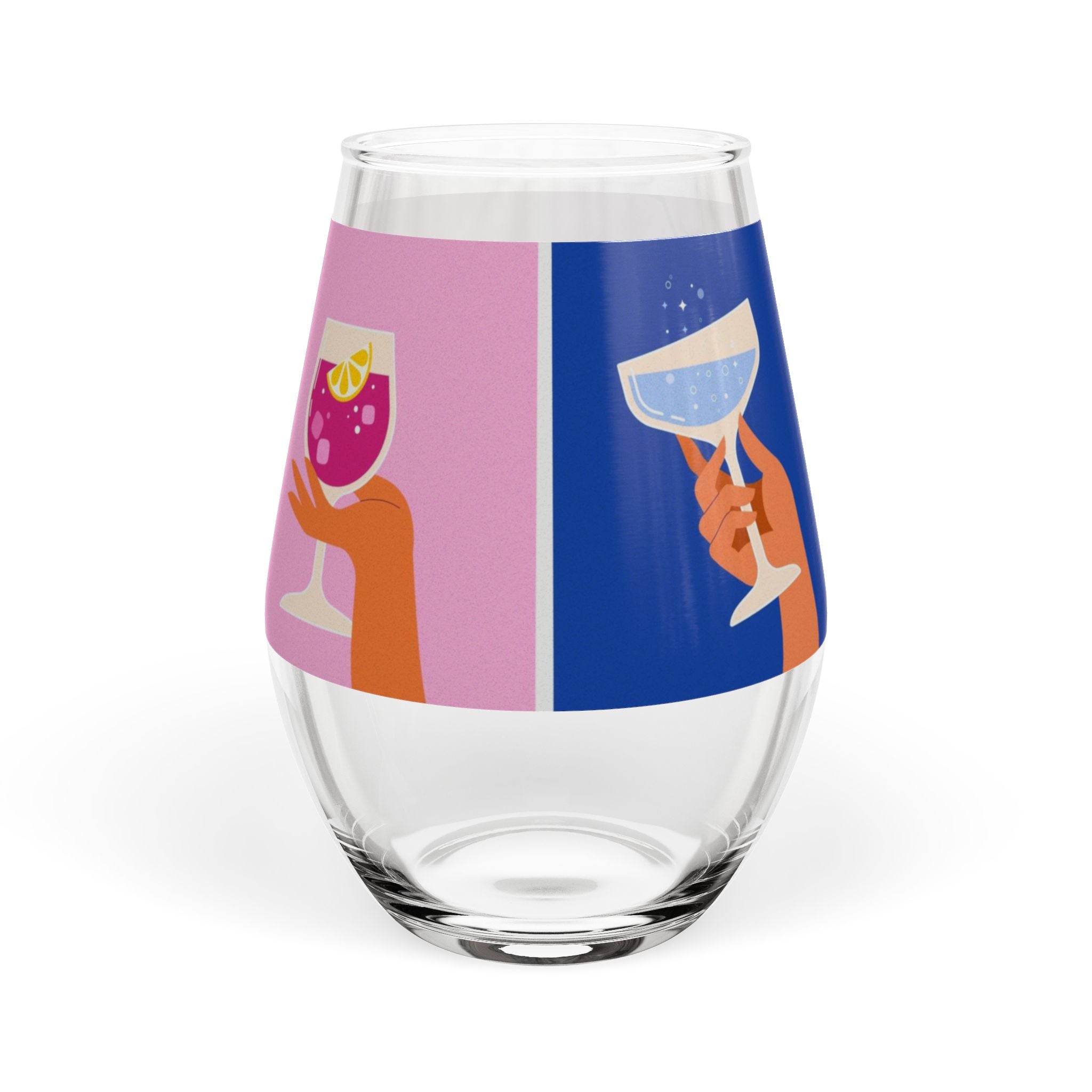 Stemless Wine Glass - Colorful Cocktail Hands Design (11.75 oz)