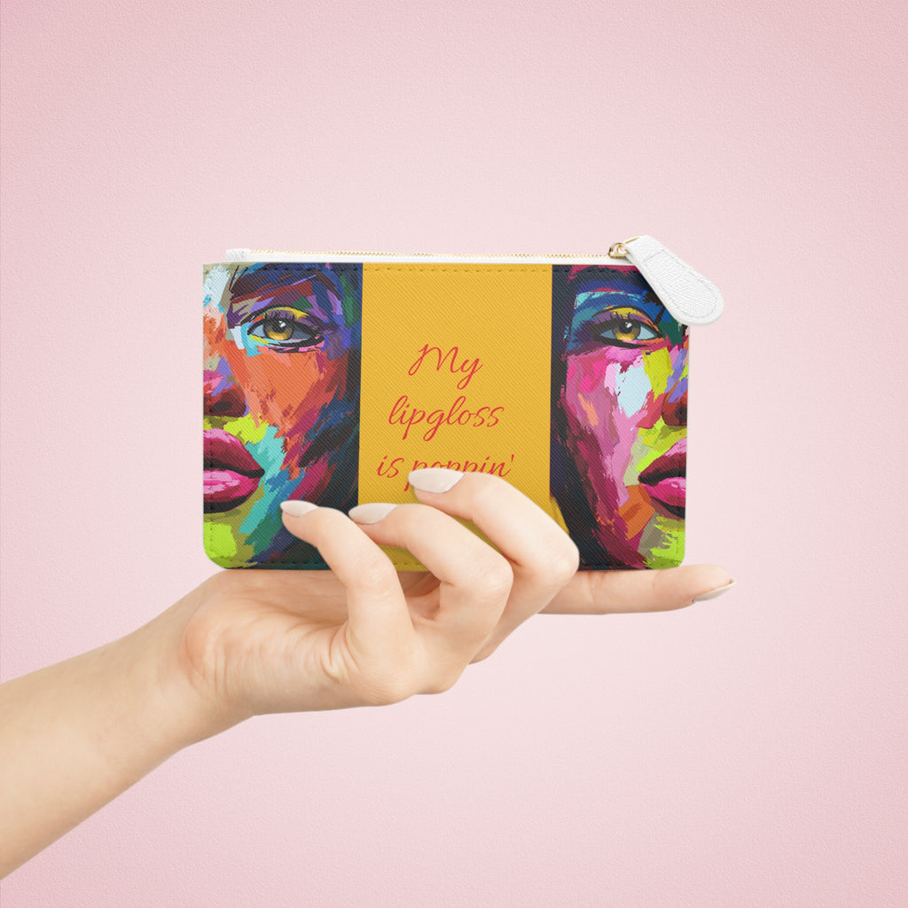 Mini Clutch Bag - Colorful Pop Art Face with "My Lipgloss Is Poppin'" Cosmetic Pouch