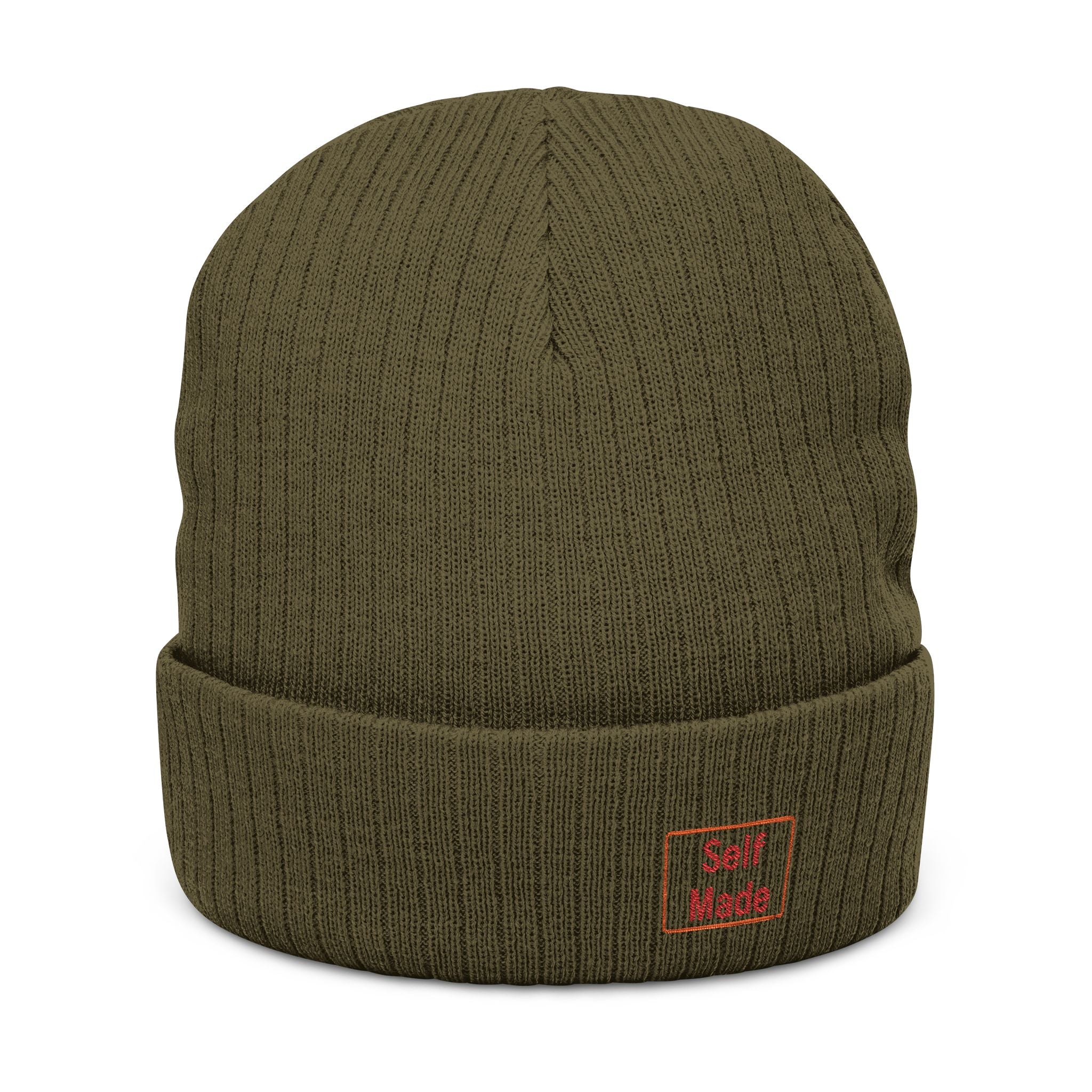 Ribbed Knit Beanie — Olive Embroidered Cuff Hat