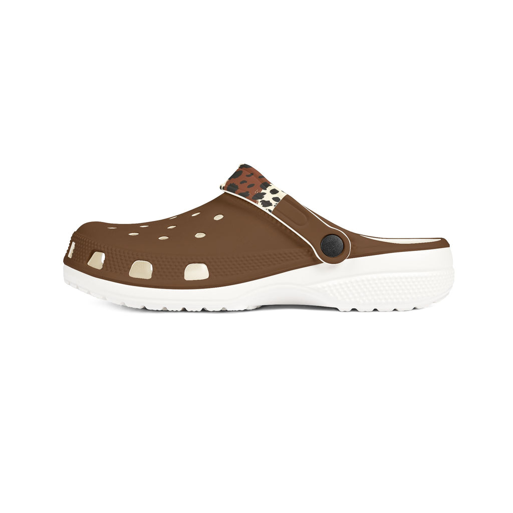 Brown EVA Foam Clogs with Leopard Strap — Lightweight Comfort Shoes