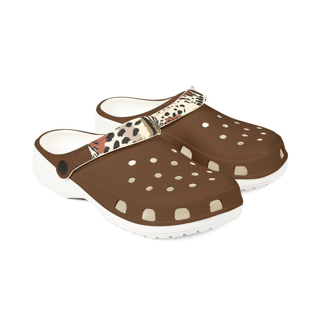 Brown EVA Foam Clogs with Leopard Strap — Lightweight Comfort Shoes