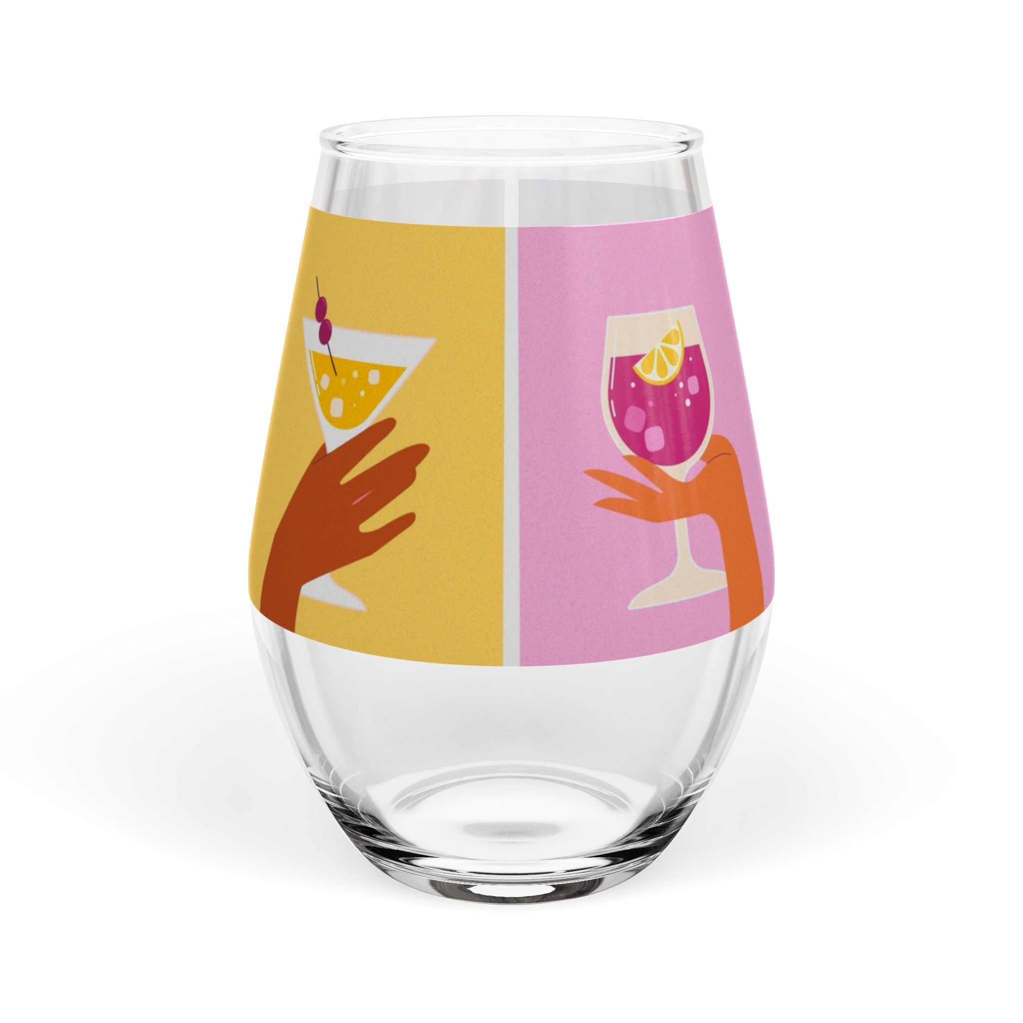 Stemless Wine Glass - Colorful Cocktail Hands Design (11.75 oz)