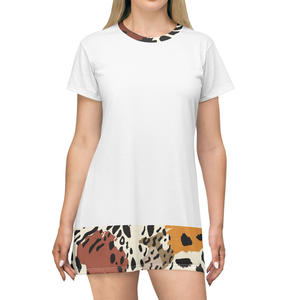 Leopard Border T-Shirt Dress — Animal Print Hem AOP Casual Dress