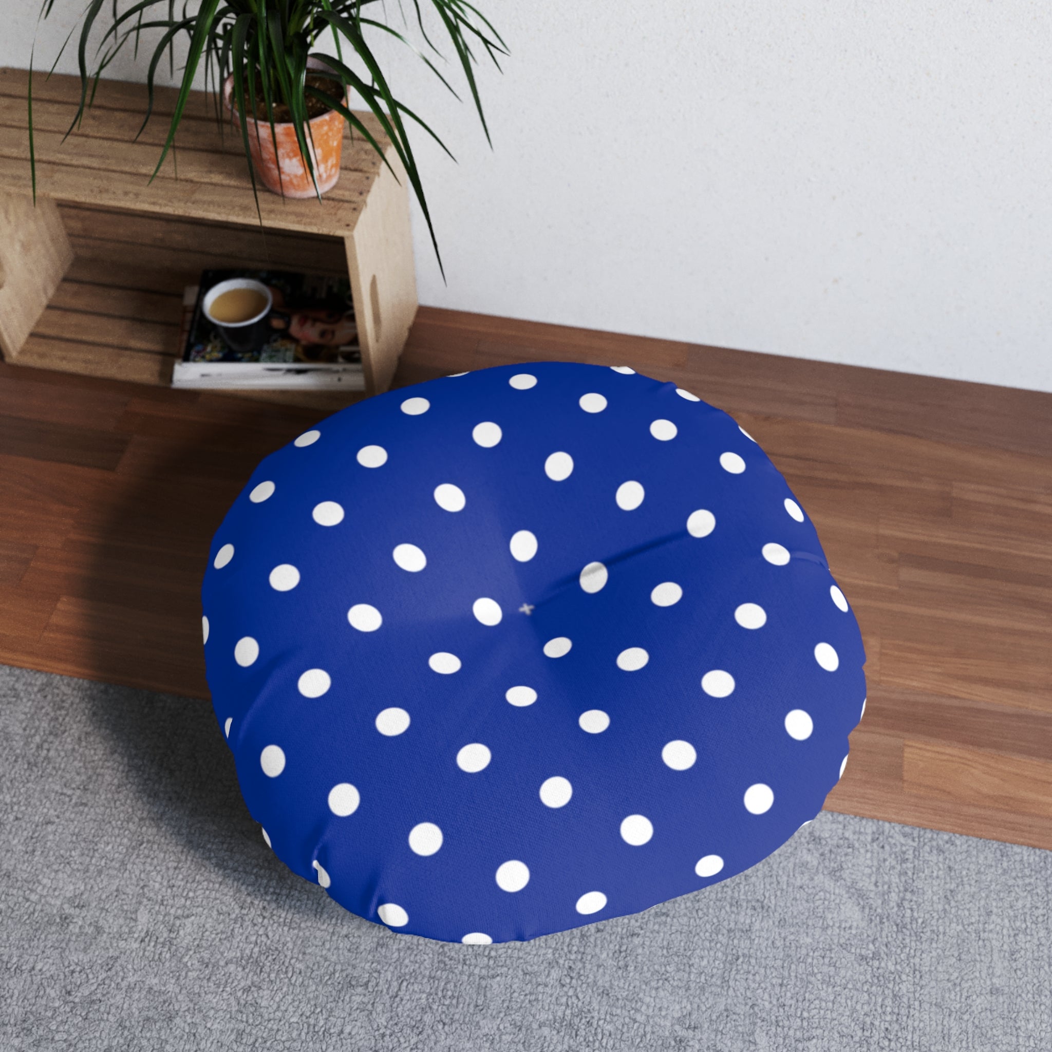 Round Tufted Floor Pillow — Navy Polka Dot Decorative Seating Cushion