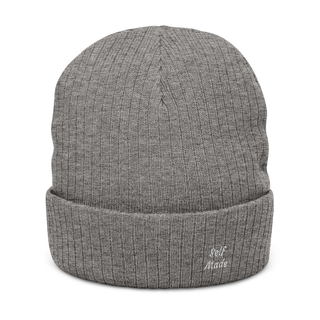 Embroidered Ribbed Knit Beanie – Cozy Grey Winter Hat