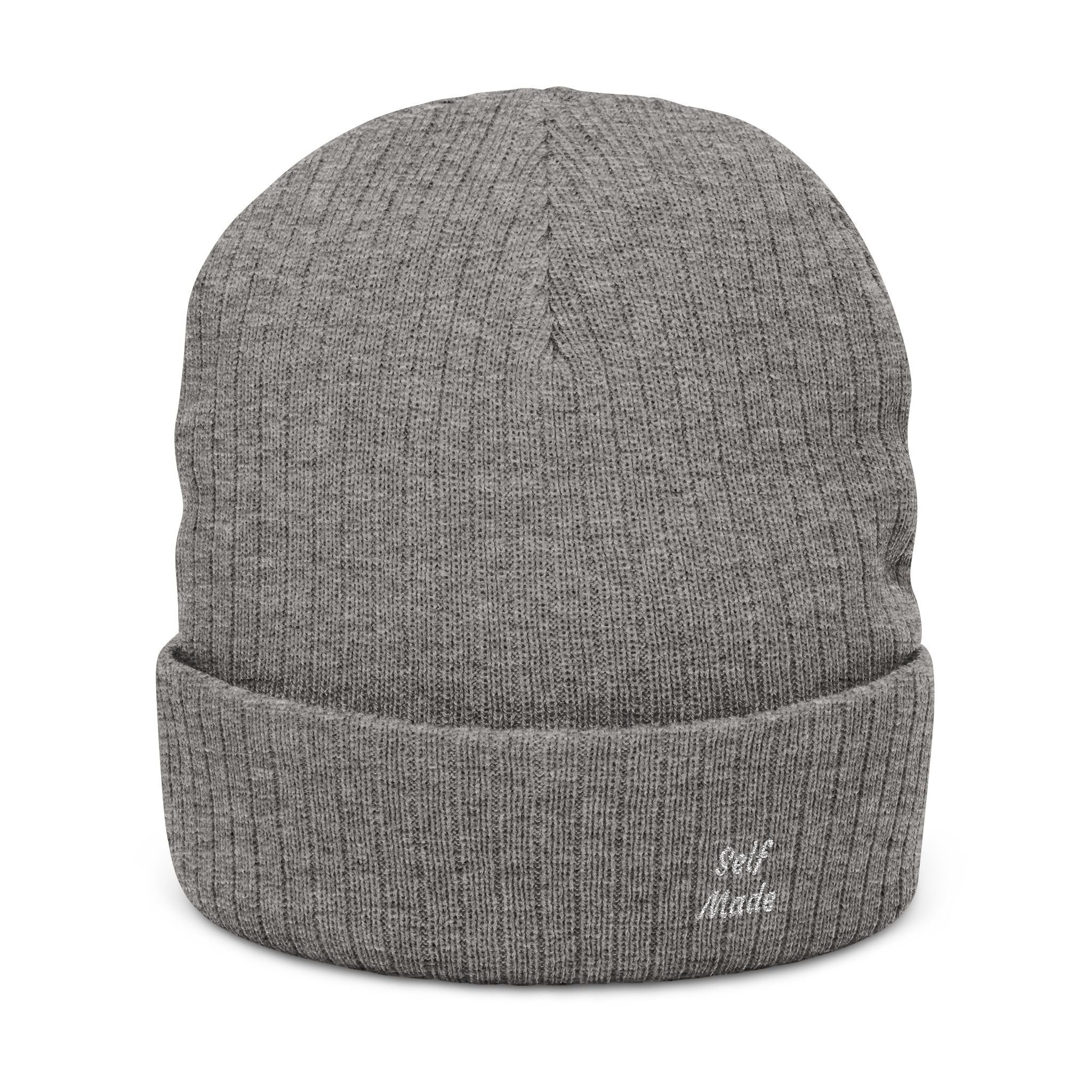 Embroidered Ribbed Knit Beanie – Cozy Grey Winter Hat