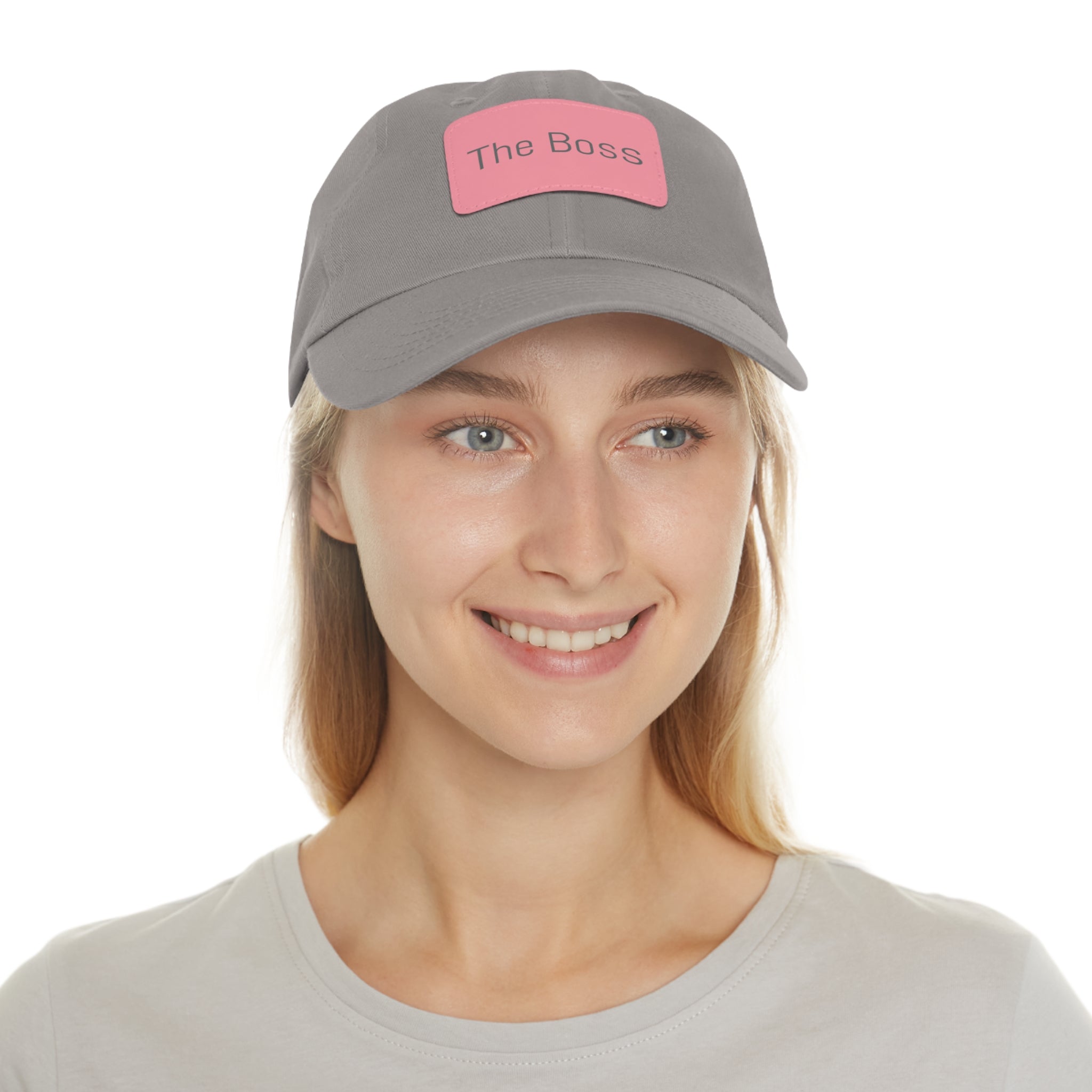 The Boss Leather Patch Dad Hat — Neutral Cap with Pink Patch