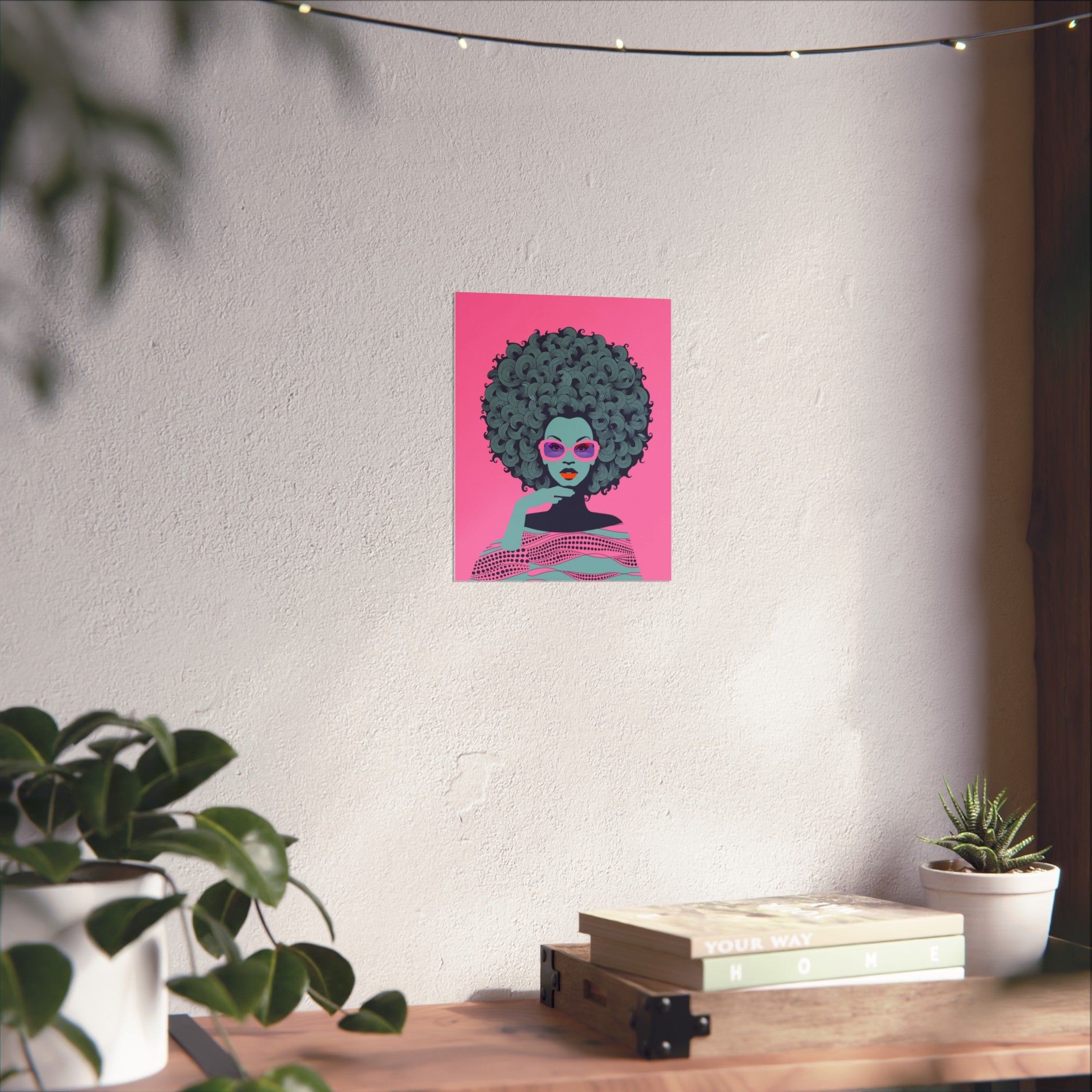 Fine Art Poster — Retro Afro Pop Portrait, Pink & Teal Wall Art