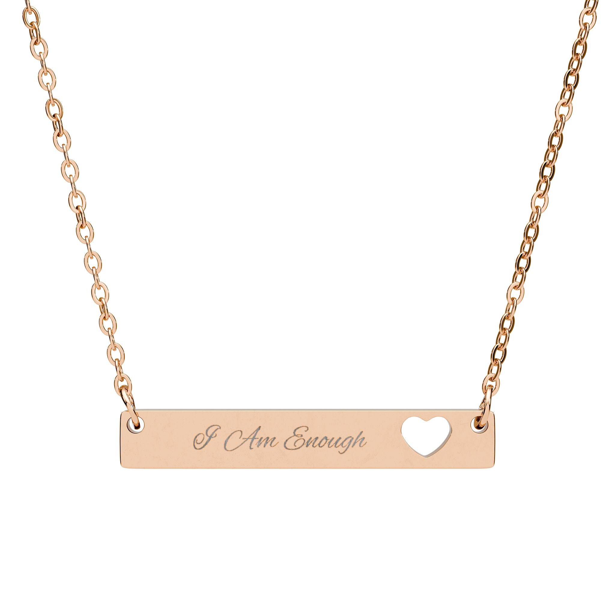 Engraved Bar Necklace with Cutout Heart — "I Am Enough"