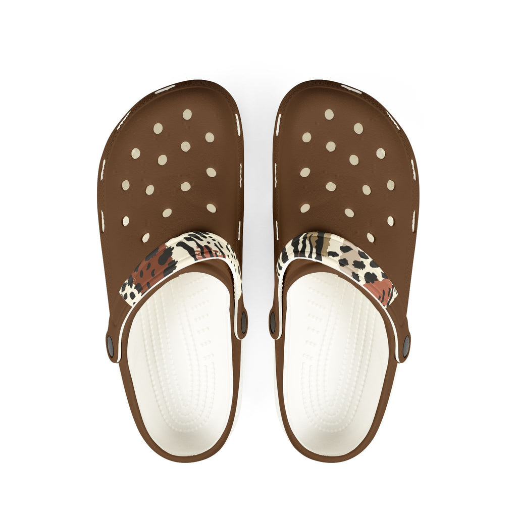 Brown EVA Foam Clogs with Leopard Strap — Lightweight Comfort Shoes