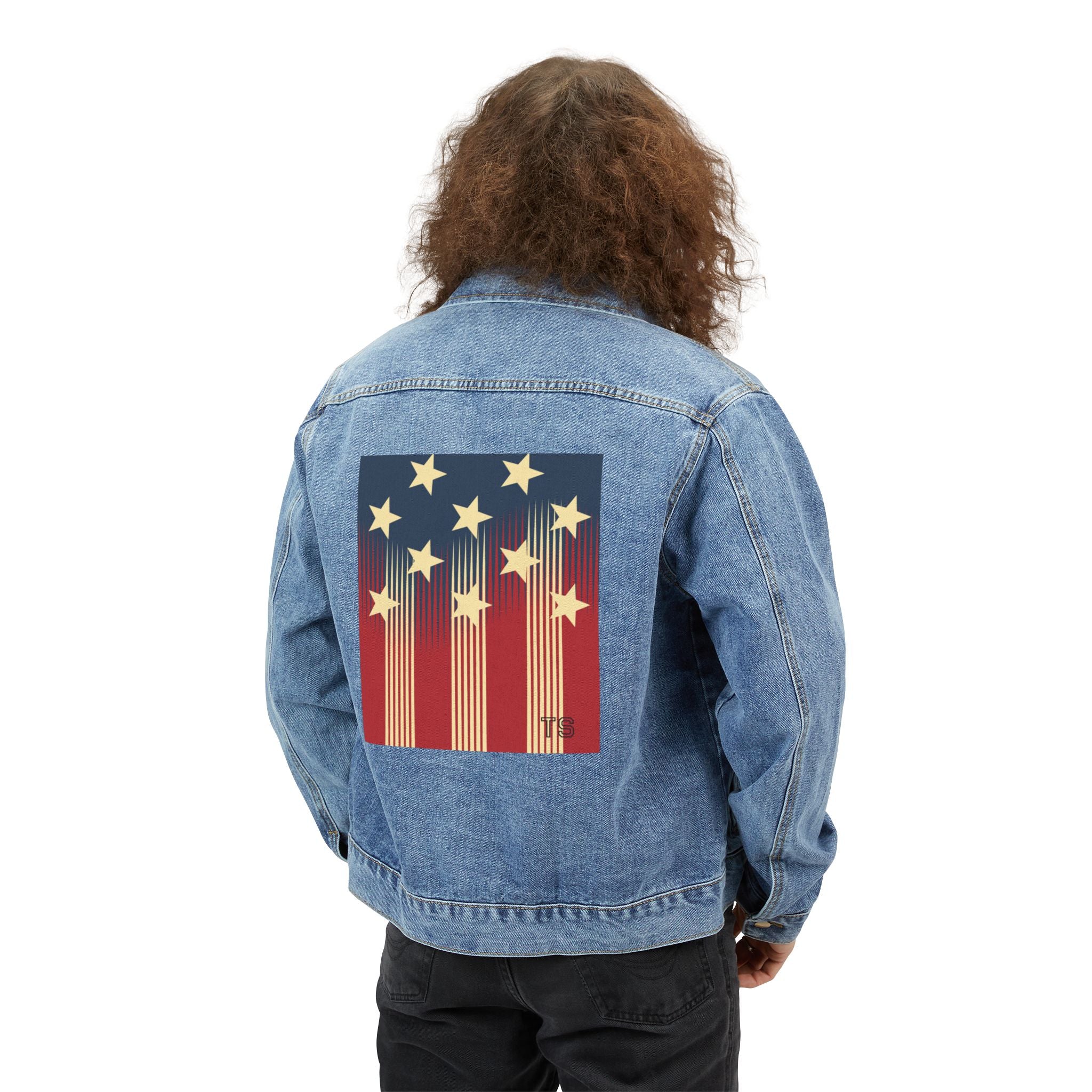 Denim Jacket — Retro American Flag Starburst Back Patch, Patriotic 4th of July Style