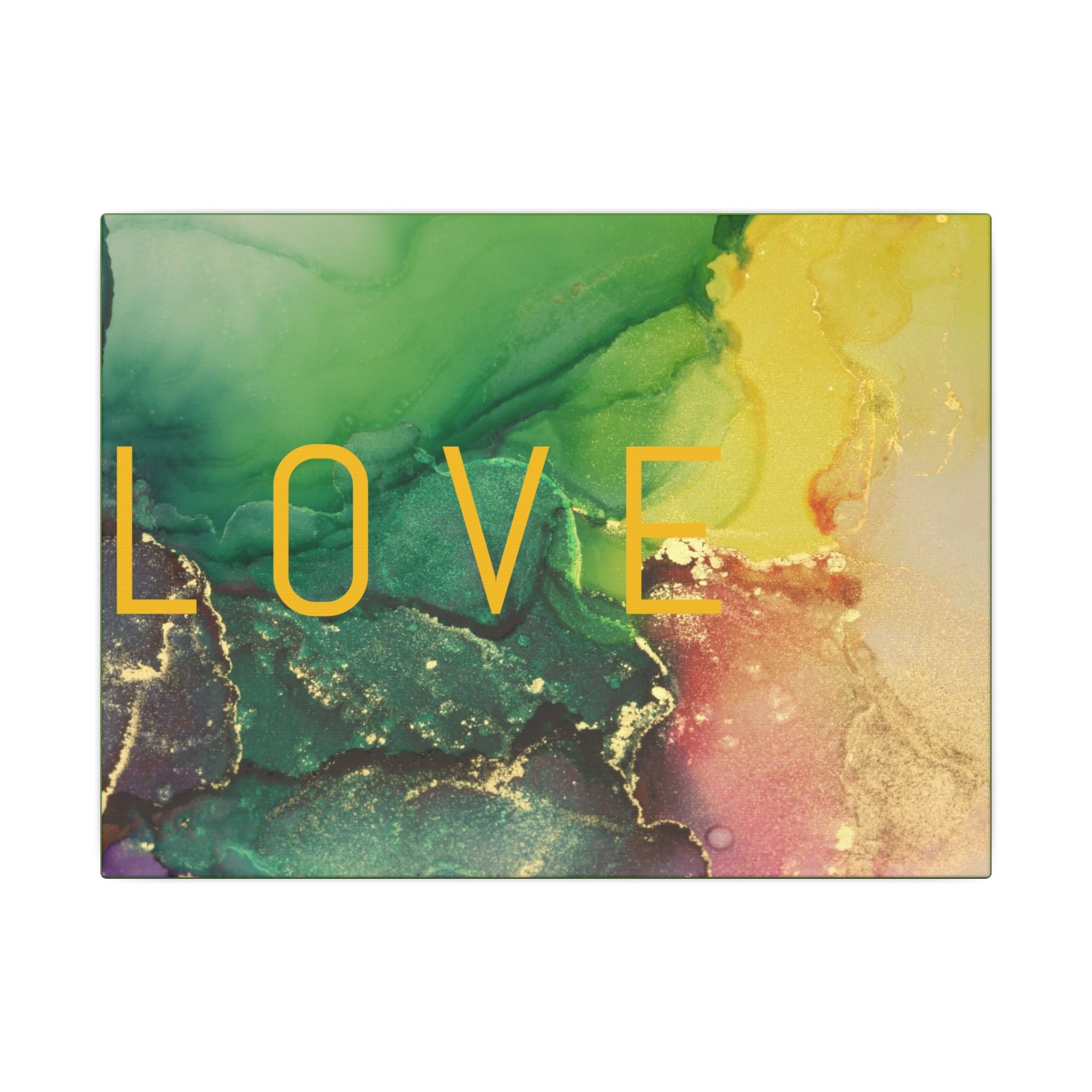 LOVE Abstract Marble Wall Canvas — Green & Gold Stretched Matte Art
